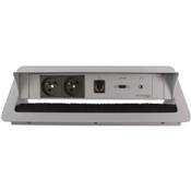 Boitier de Table Encastrable Multifonctions BTU Silver : 2 Secteurs, HDMI, RJ45, jack 3,5 st 5 m