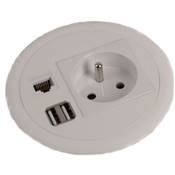 Mini Boitier de Table Rond Encastrable Blanc 1 Secteur, 1 RJ45, 1 Double Chargeur USB Type A