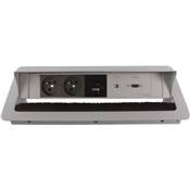 Boitier de Table Encastrable Multifonctions BTU Silver : 2 Secteurs, Chargeur, HDMI, jack 3,5 st 5 m