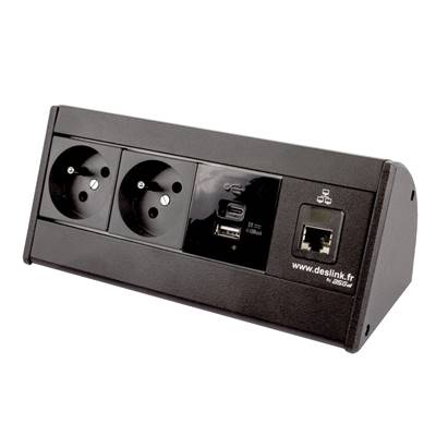 Boitier de Table Saillie Multifonctions Type BTS Noir : 2 Secteurs, Chargeur, RJ45 2 m