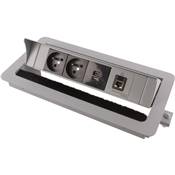 Boitier de Table Encastrable Multifonctions BTU Silver : 2 Secteurs, Chargeur, RJ45 2 m