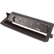 Boitier de Table Encastrable Multifonctions BTU Noir : Secteur, HDMI, RJ45, 2 USB, 2 m