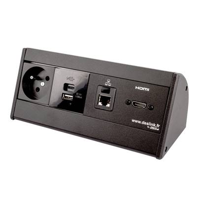 Boitier de Table Saillie Multifonctions Type BTS Noir : Secteur, Chargeur, HDMI, RJ45 2 m