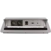 Boitier de Table Encastrable Multifonctions BTU Silver : 2 Secteurs, HDMI, RJ45, jack 3,5 st 2 m