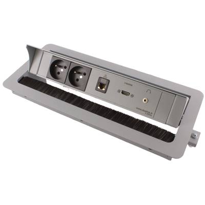 Boitier de Table Encastrable Multifonctions BTU Silver : 2 Secteurs, HDMI, RJ45, jack 3,5 st 5 m