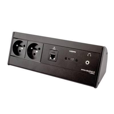 Boitier de Table Saillie Multifonctions Type BTS Noir : 2 Secteurs, HDMI, RJ45, jack 3,5 st 2 m