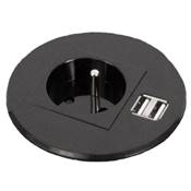 Mini Boitier de Table Rond Encastrable Noir 1 Secteur + 1 Double Chargeur USB Type A