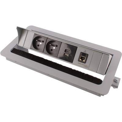 Boitier de Table Encastrable Multifonctions BTU Silver : 2 Secteurs, Chargeur, RJ45 5 m