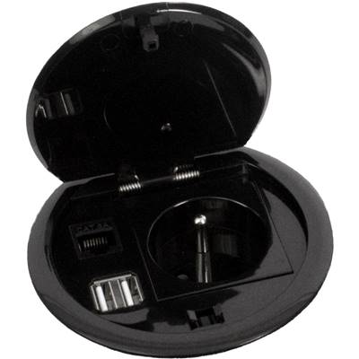 Mini Boitier de Table Rond Encastrable Noire 1 Secteur + 1 RJ45 + 1 Double Chargeur USB Type A