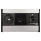 Boitier de Table Saillie Multifonctions Type BTS Alu : Secteur, Chargeur, RJ45 2 m
