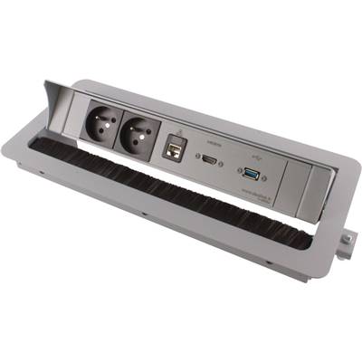 Boitier de Table Encastrable Multifonctions BTU Silver : 2 Secteurs, HDMI, RJ45, USB 5 m