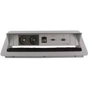 Boitier de Table Encastrable Multifonctions BTU Silver : 2 Secteurs, HDMI, RJ45, USB 5 m