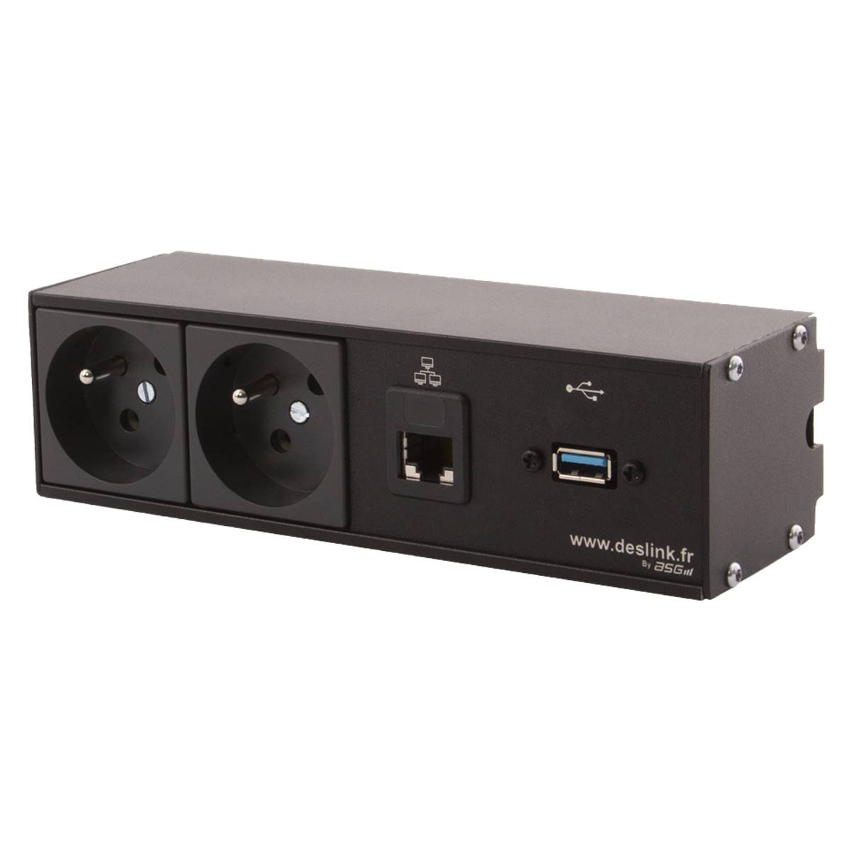 Réglette de connexion Multifonctions BCDA Noir : 2 Secteurs, RJ45, USB 5 m