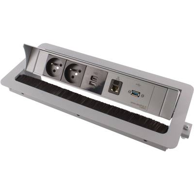 Boitier de Table Encastrable Multifonctions BTU Silver : 2 Secteurs, Chargeur, RJ45, USB 5 m