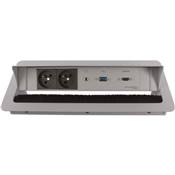 Boitier de Table Encastrable Multifonctions BTU Silver : 2 Secteurs, HDMI, USB, jack 3,5 st 5 m