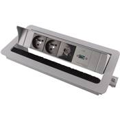 Boitier de Table Encastrable Multifonctions BTU Silver : 2 Secteurs, Chargeur, USB 5 m