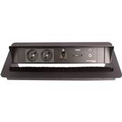 Boitier de Table Encastrable Multifonctions BTU Noir : 2 Secteurs, HDMI, RJ45, jack 3,5 st 5 m