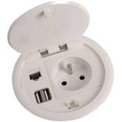 Mini Boitier de Table Rond Encastrable Blanc 1 Secteur + 1 RJ45 + 1 Double Chargeur USB Type A