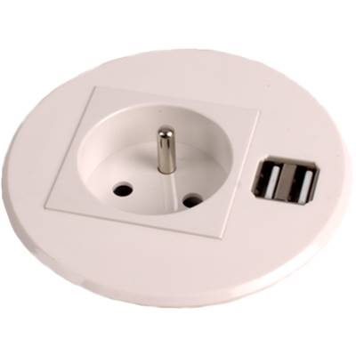 Mini Boitier de Table Rond Encastrable Blanc 1 Secteur + 1 Double Chargeur USB Type A + câble d'alimentation 2 mètres