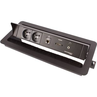 Boitier de Table Encastrable Multifonctions BTU Noir : 2 Secteurs, HDMI, RJ45, jack 3,5 st 2 m