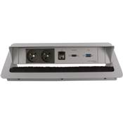 Boitier de Table Encastrable Multifonctions BTU Silver : 2 Secteurs, HDMI, RJ45, USB 2 m