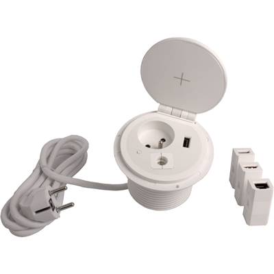 Mini Boitier de Table Modulaire Rond Encastrable Blanc avec Chargeur Induction intégré