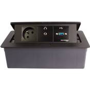 Boitier de Table Encastrable Multifonctions BT45 Noir : Secteur, USB, jack 3,5 ST 2 m