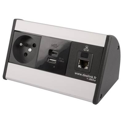 Boitier de Table Saillie Multifonctions Type BTS Alu : Secteur, Chargeur, RJ45 2 m