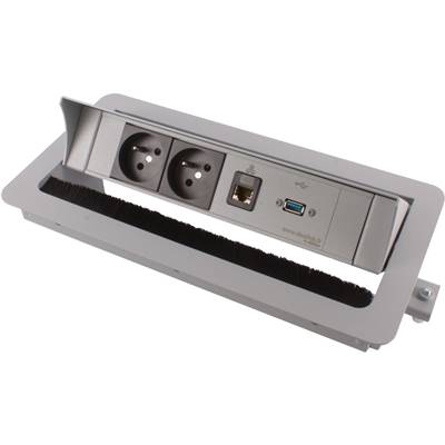 Boitier de Table Encastrable Multifonctions BTU Silver : 2 Secteurs, RJ45, USB 5 m