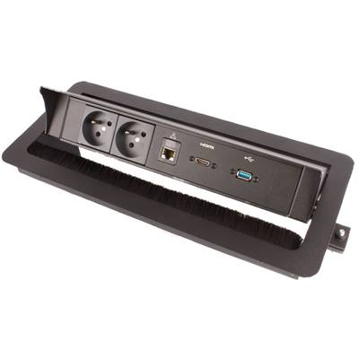 Boitier de Table Encastrable Multifonctions BTU Noir : 2 Secteurs, HDMI, RJ45, USB 5 m