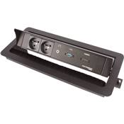 Boitier de Table Encastrable Multifonctions BTU Noir : 2 Secteurs, HDMI, USB, jack 3,5 st 2 m