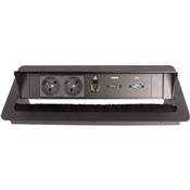 Boitier de Table Encastrable Multifonctions BTU Noir : 2 Secteurs, HDMI, RJ45, USB 2 m