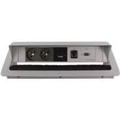 Boitier de Table Encastrable Multifonctions BTU Silver : 2 Secteurs, Chargeur, RJ45, USB 5 m