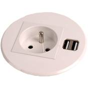 Mini Boitier de Table Rond Encastrable Blanc 1 Secteur + 1 Double Chargeur USB Type A + cble d'alimentation 2 mtres