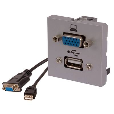 Plastron 45x45 VGA Full Pin + USB A 2.0 Femelles/Femelles Silver