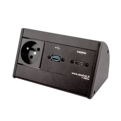 Boitier de Table Saillie Multifonctions Type BTS Noir : Secteur, HDMI, USB 2 m