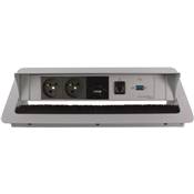 Boitier de Table Encastrable Multifonctions BTU Silver : 2 Secteurs, Chargeur, RJ45, USB 2 m