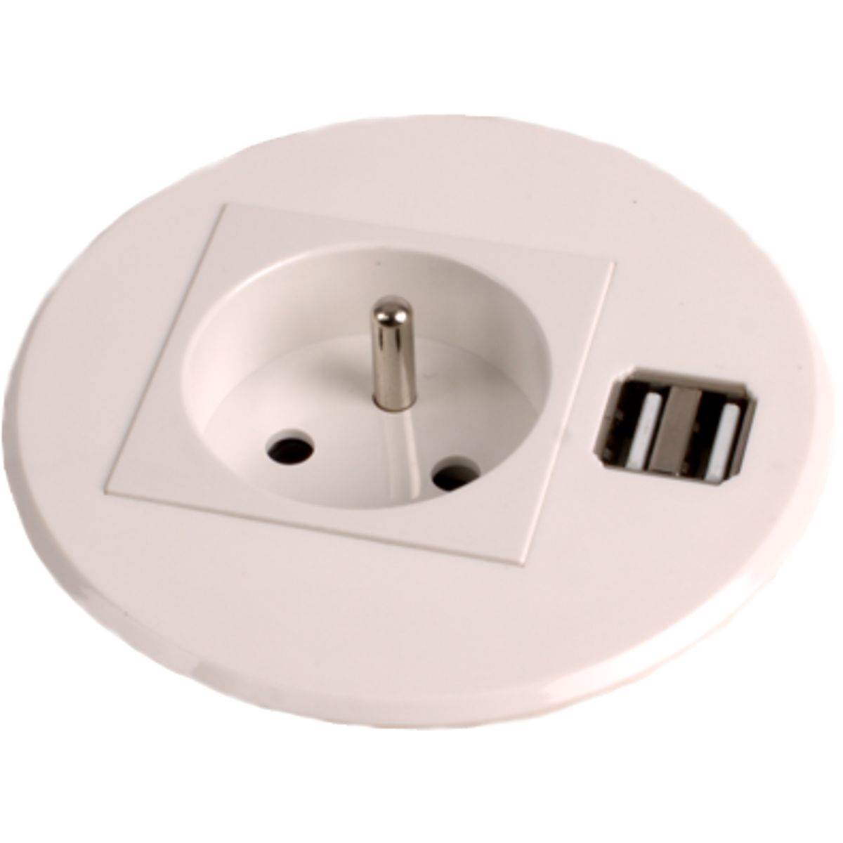 Mini Boitier de Table Rond Encastrable Blanc 1 Secteur + 1 Double