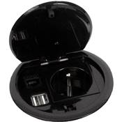 Mini Boitier de Table Rond Encastrable Noire 1 Secteur + 1 RJ45 + 1 Double Chargeur USB Type A