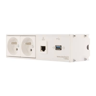 Réglette de connexion Multifonctions BCDA Blanc : 2 Secteurs, RJ45, USB 2 m