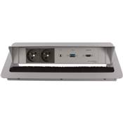 Boitier de Table Encastrable Multifonctions BTU Silver : 2 Secteurs, HDMI, USB, jack 3,5 st 2 m