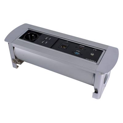 Boitier de Table Rotatif Manuel Multifonctions BTRM : 1Secteur 1chargeur 1HDMI 1USB, 1RJ45 1Jack 2m