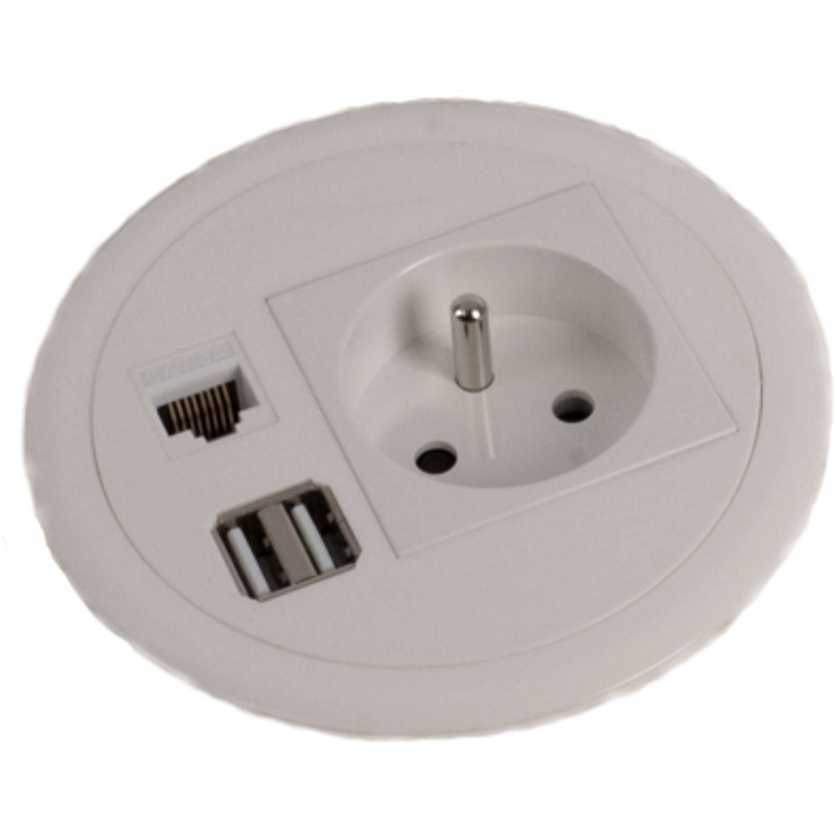 Mini Boitier de Table Rond Encastrable Blanc 1 Secteur, 1 RJ45, 1 Double  Chargeur USB Type A