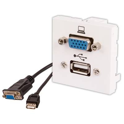 Plastron 45x45 VGA Full Pin + USB A 2.0 Femelles/Femelles Blanc